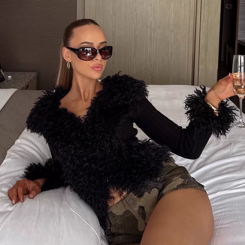 Flfiij | European & American Sexy V-Neck Short Cardigan Jacket with Furry Cuffs for Women