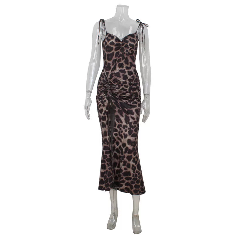 Flfiij | European & American Sexy Leopard Print Strappy Suspender Dress – High Slit Long Skirt in Pure Lust Style