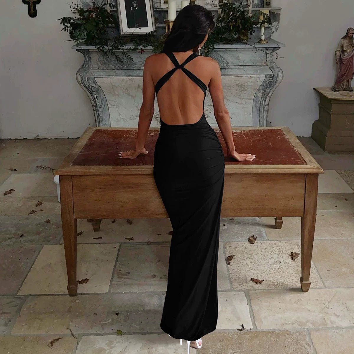 Flfiij | Shemoda European & American Style Sexy Swing Collar Backless Suspender Dress – Pleated High Waist Slim Over-the-Knee Long Skirt for Women