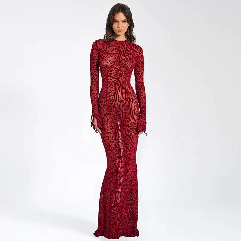 Flfiij | Sexy Leopard Print Mesh Fishtail Dress, See-Through Design for Spring and Summer