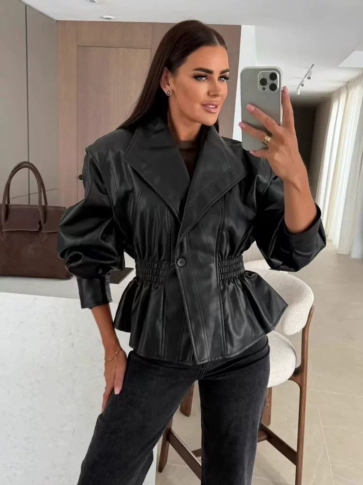 Flfiij | British Style Distressed Imitation Leather Jacket – American Retro High-End Slimming Waist Fake Two-Piece Look