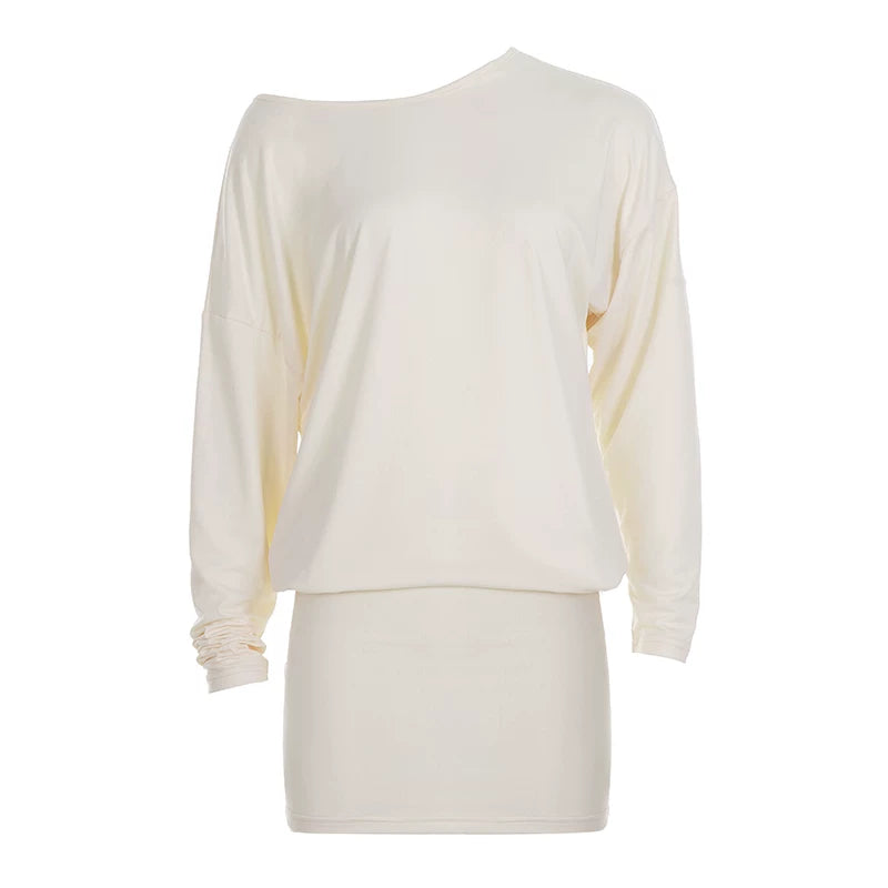 Flfiij | Elegant Big Backless Off-Shoulder Dress with Long Sleeves, Loose Waist-Covering Hip Skirt for Women