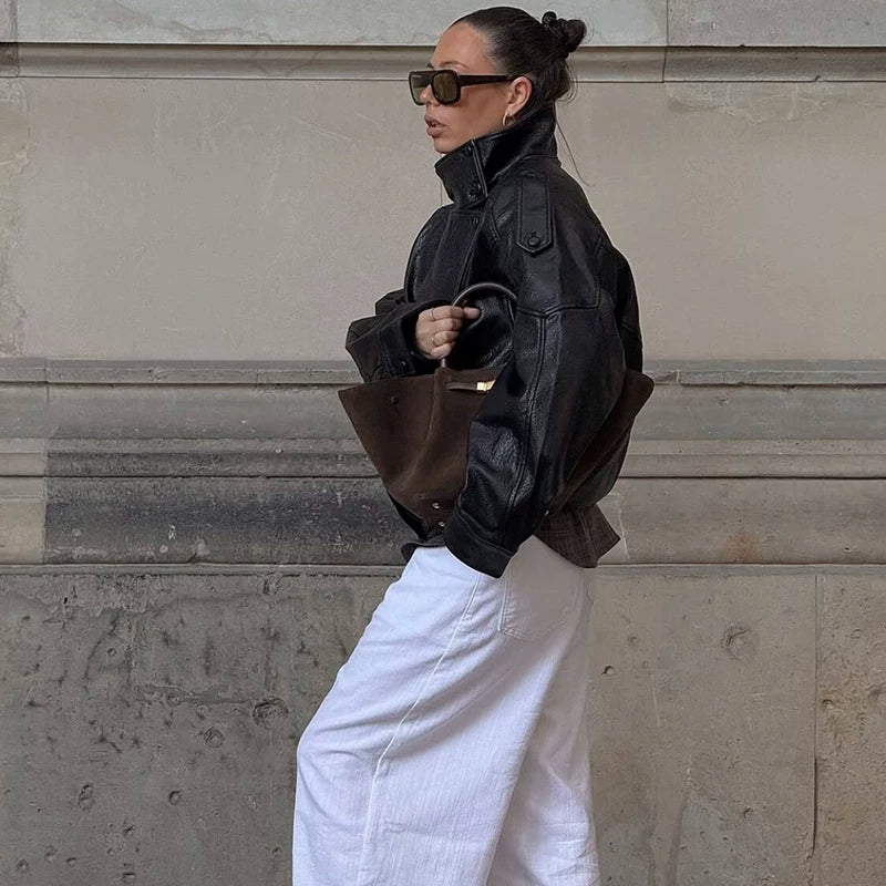 Flfiij | Women's Black PU Leather Motorcycle Jacket – Loose Fit Cool & Handsome Autumn/Winter Style