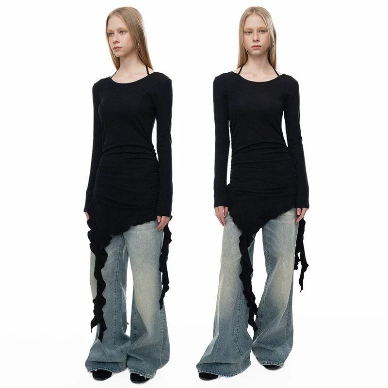 Flfiij | Offsoul Wasteland Hottie Style Tassel Long-Sleeve Top – Slim Fit Autumn & Winter Dress T-Shirt for Women