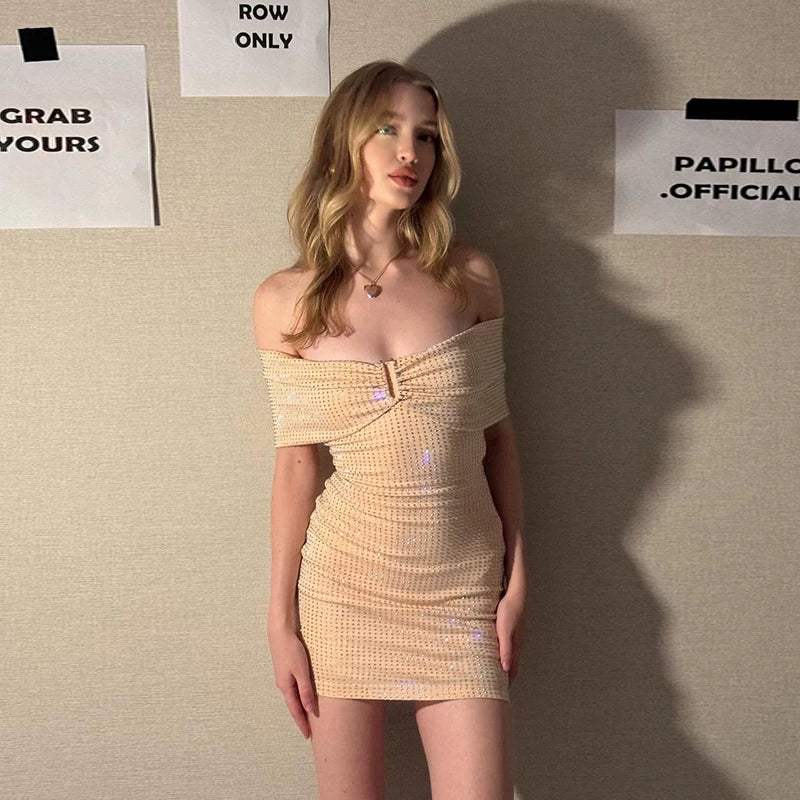 Flfiij | European & American One-Shoulder Thin Flash Tube Top Dress – Sexy Waist & Hip Skirt for Women (Summer)