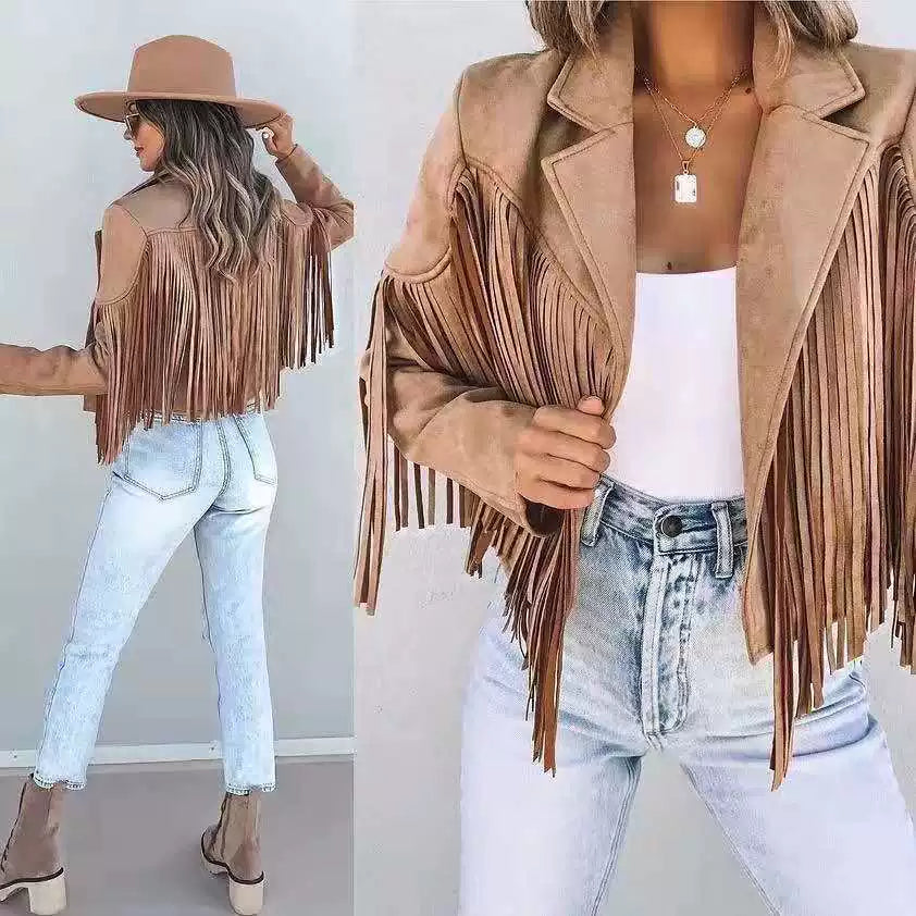 Flfiij | European & American Style Slim Long Sleeve Fringe Jacket for Women