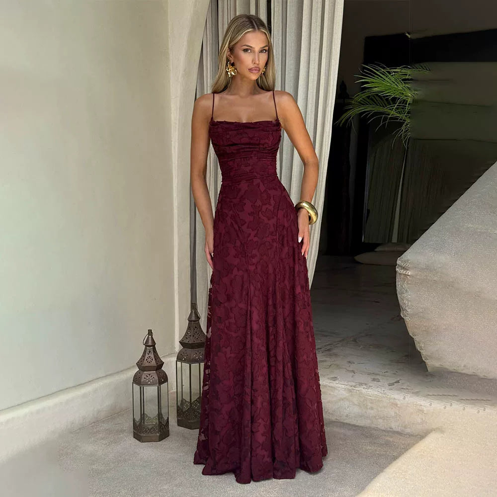 Flfiij | Sexy Jacquard Backless Floor-Length Dress for Women, Square Neck and Waist-Tightening Design