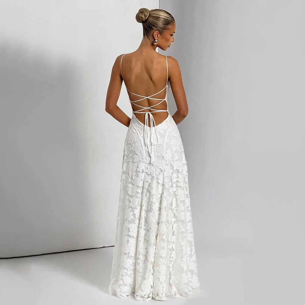 Flfiij | Sexy Jacquard Backless Floor-Length Dress for Women, Square Neck and Waist-Tightening Design