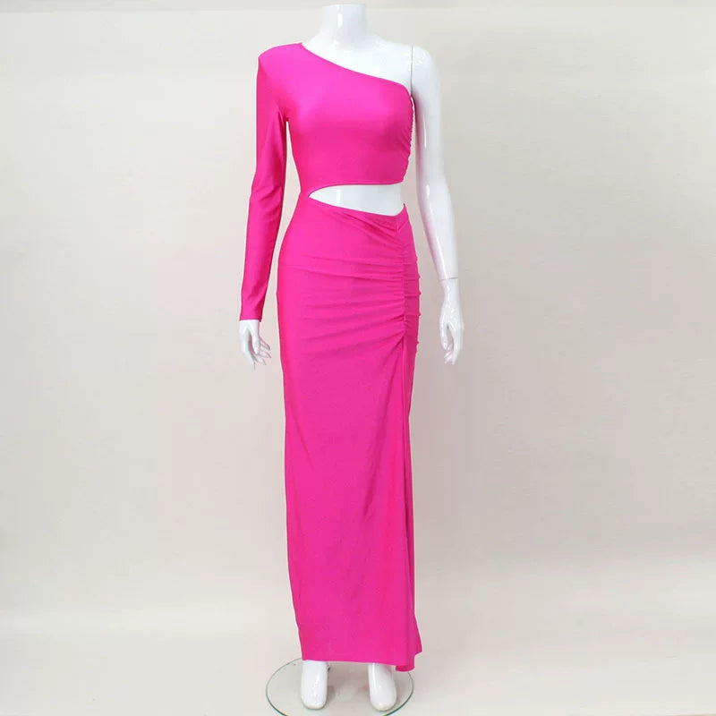 Flfiij | Sexy Slanted Shoulder High Slit Dress for Women, Slim Fit Single Sleeve Holiday Style