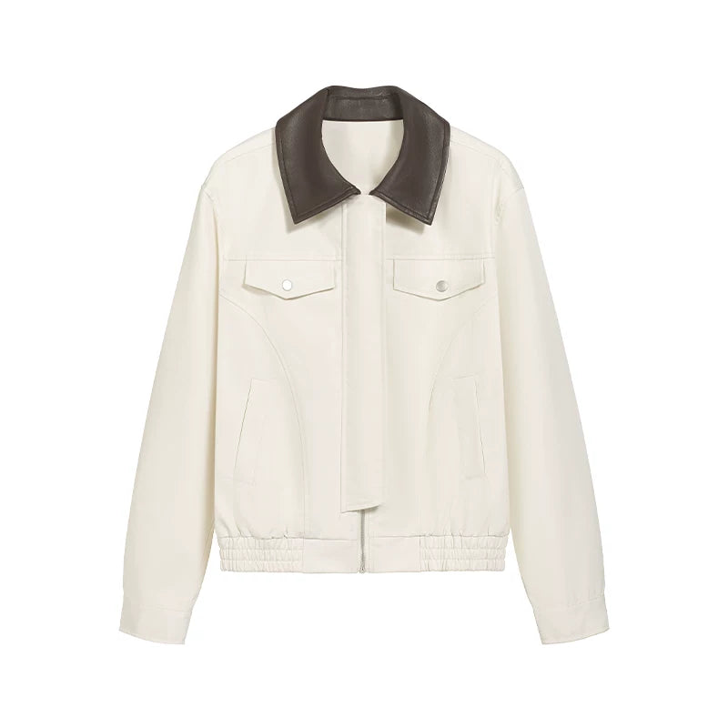 Flfiij | American Retro White Loose Contrast Leather Lapel Jacket for Women