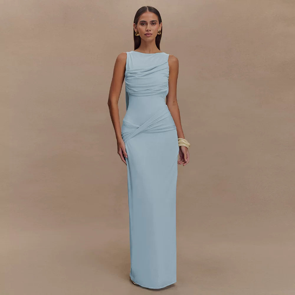 Flfiij | Sexy Backless Milk Silk Dress with One-Line Collar and High Slit