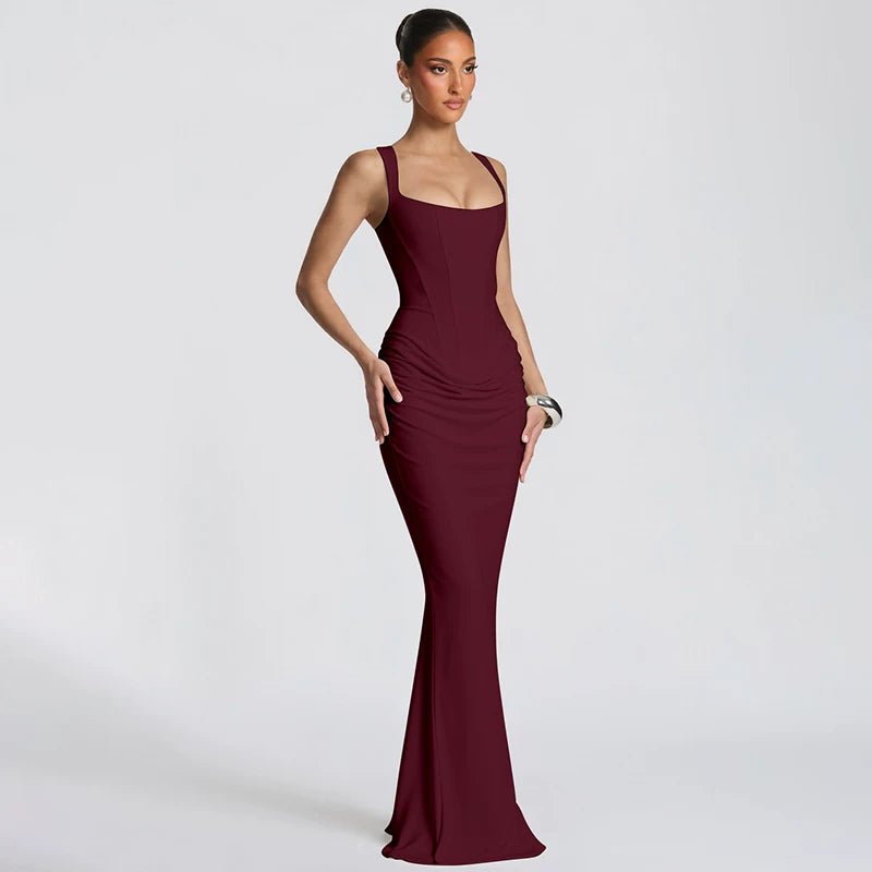 Flfiij | Elegant European and American Hot Girl Style Herringbone Waist Satin Hip-Covering Long Dress