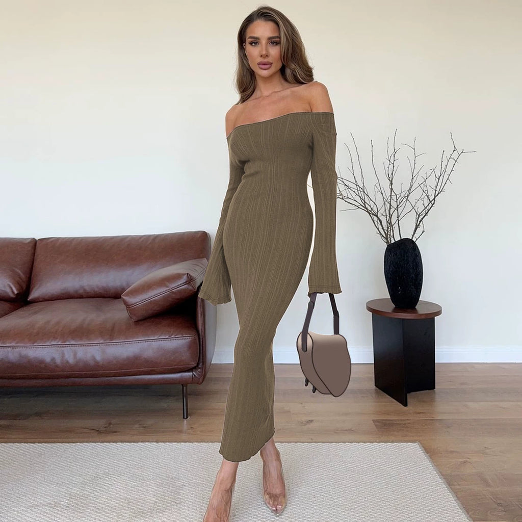 Flfiij | Gusty French Pure Desire One-Shoulder Tight Dress – Waist Slimming & Hip Skirt Long Skirt for Hot Girls