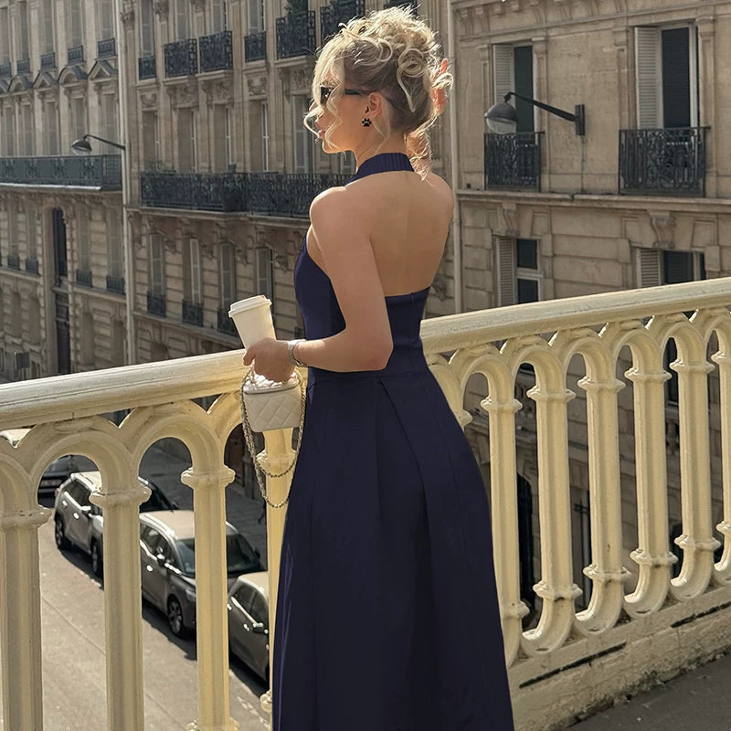 Flfiij | Shemoda High-Waisted Slim Halterneck Dress – European & American Style One-Line Collar with Back Zipper and Swing Long Skirt for Women