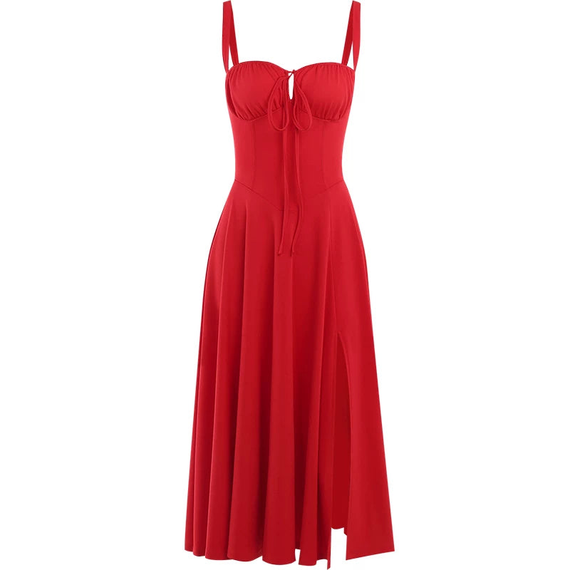 Flfiij | French Retro Red Suspender Dress – European & American Hot Girl Sexy Long Dress with Elegant Style