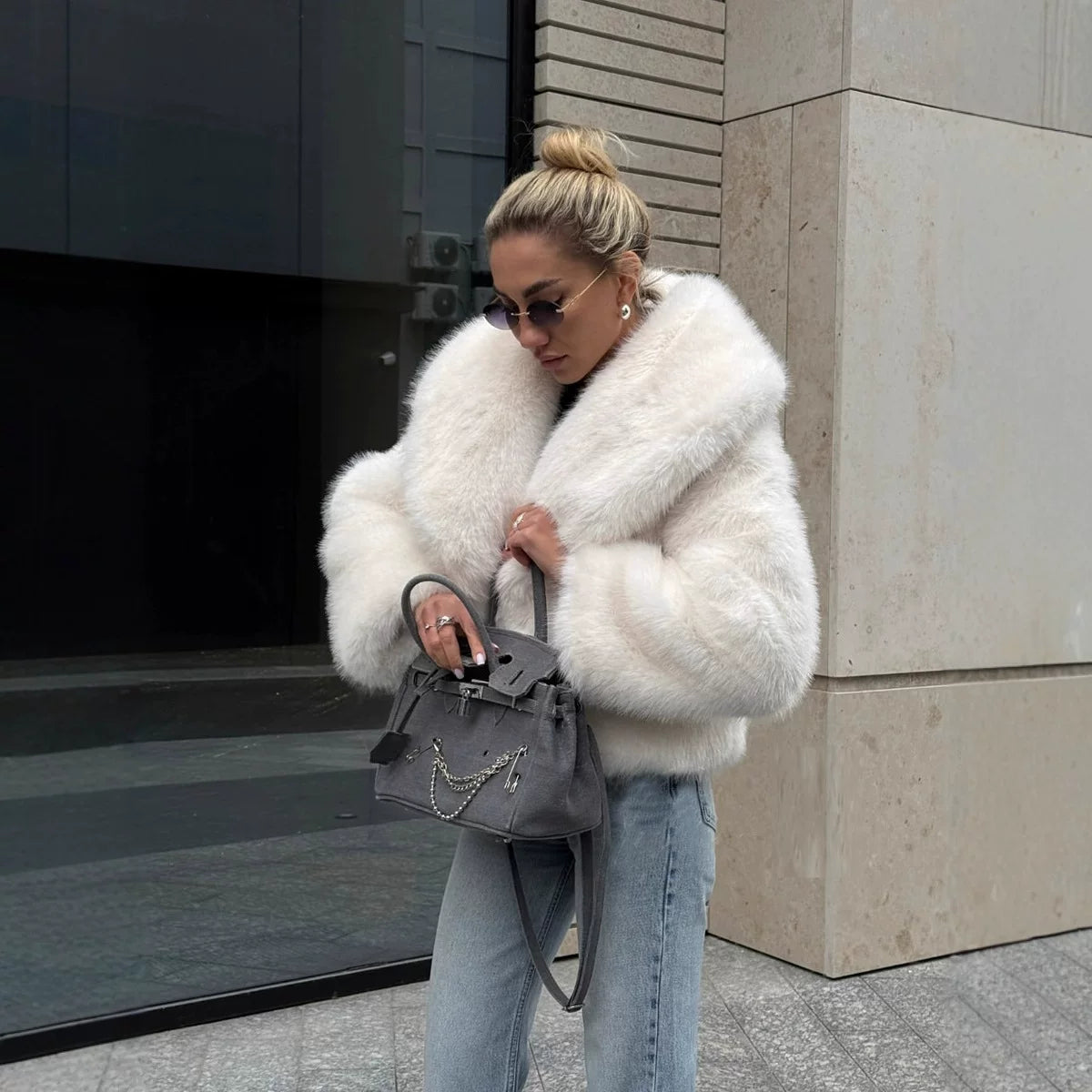 Flfiij | Eco-Friendly Fox Fur Lapel Coat – European and American Short Jacket for Women