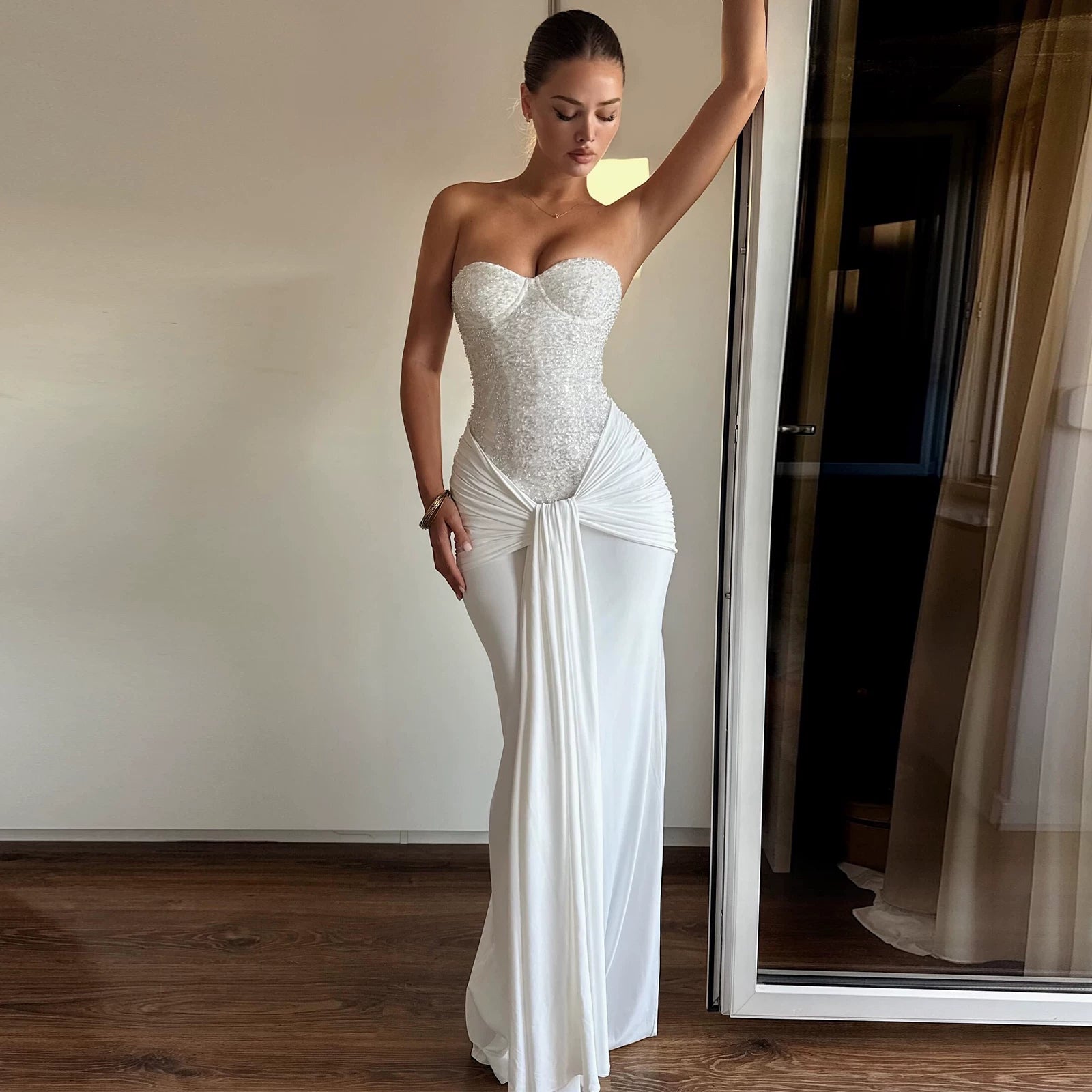 Flfiij | American Hot Girl Style Sequin Splicing Tube Top Slim Streamer Dress with Long Skirt