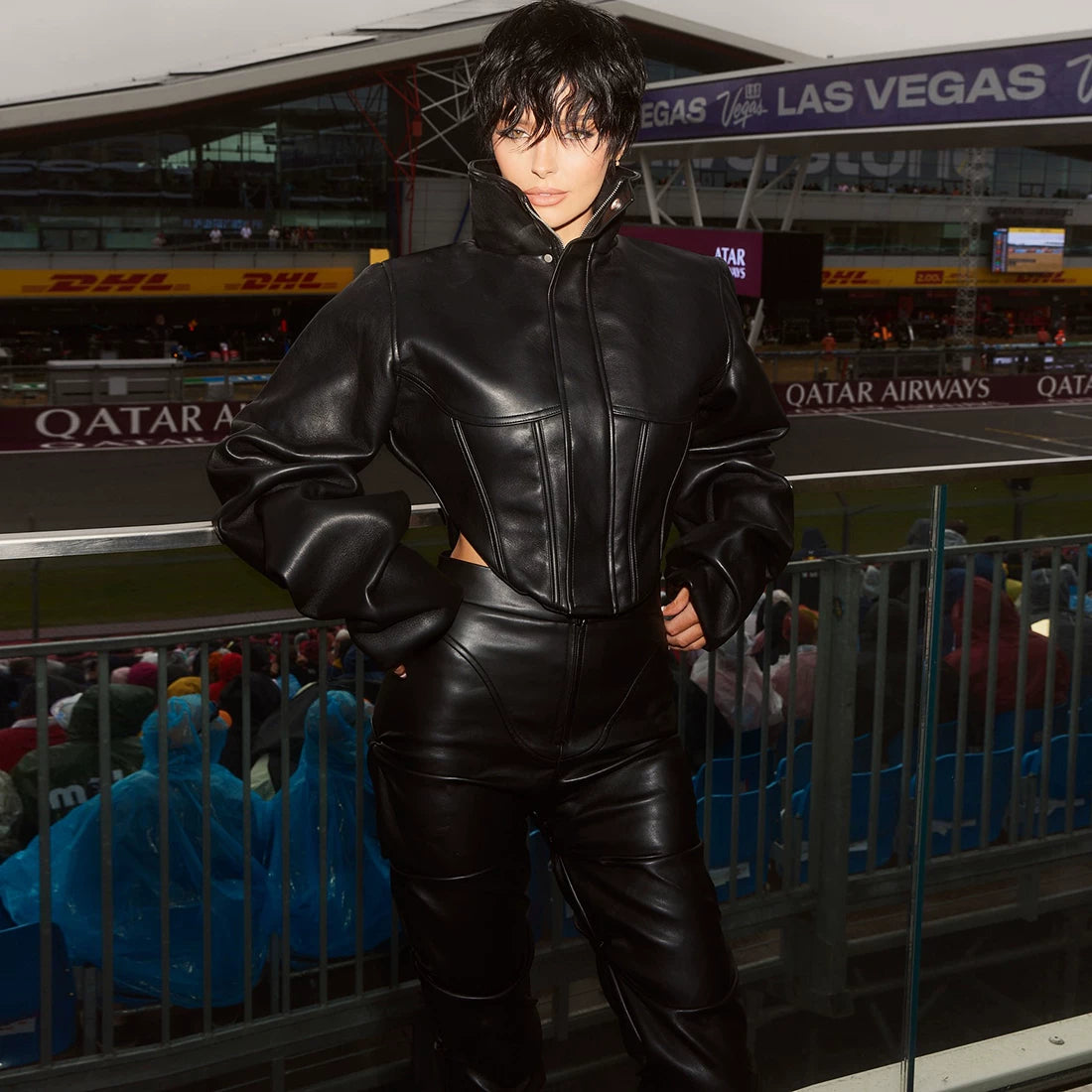 Flfiij | Street Punk Motorcycle PU Leather Jacket for Women – Irregular Long Sleeves & Stand Collar Design