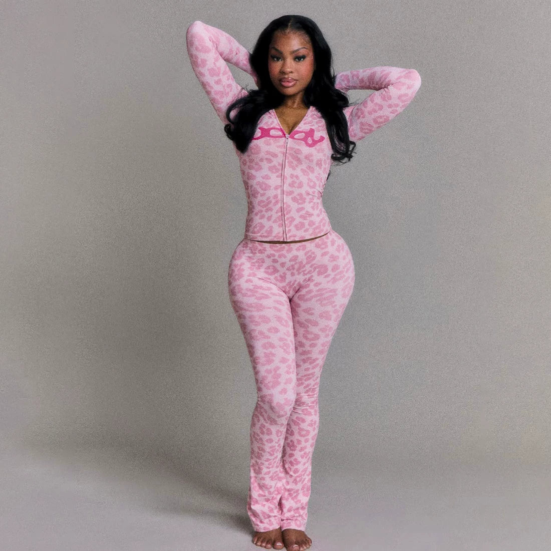 Flfiij | Pink Leopard Print Zipper Cardigan Jacket & Slim Trousers Suit for Women – European & American Style