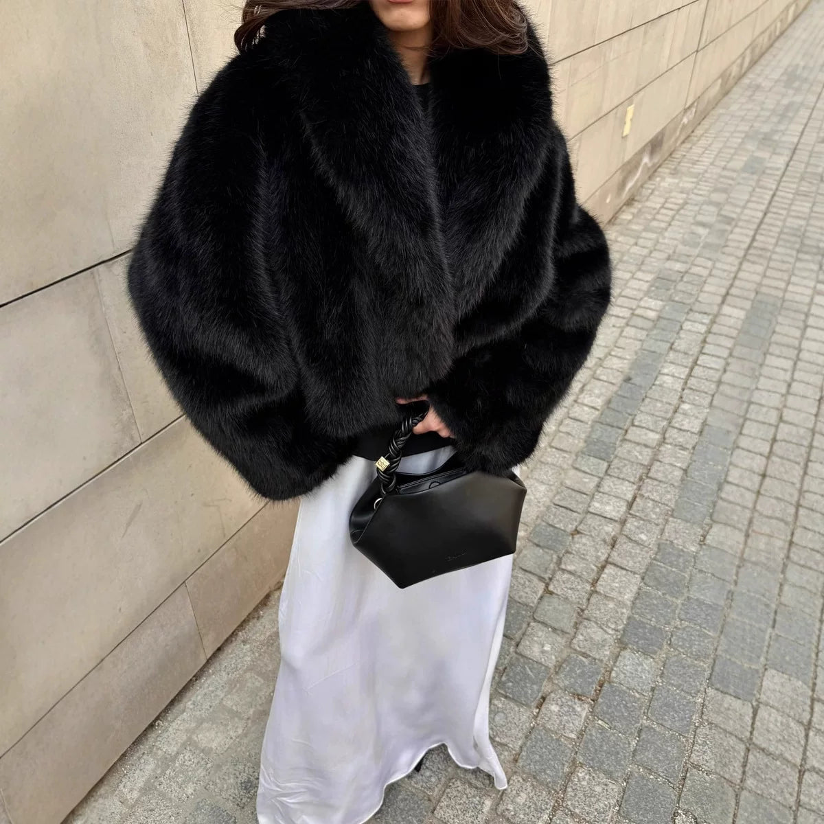 Flfiij | Eco-Friendly Fox Fur Lapel Coat – European and American Short Jacket for Women