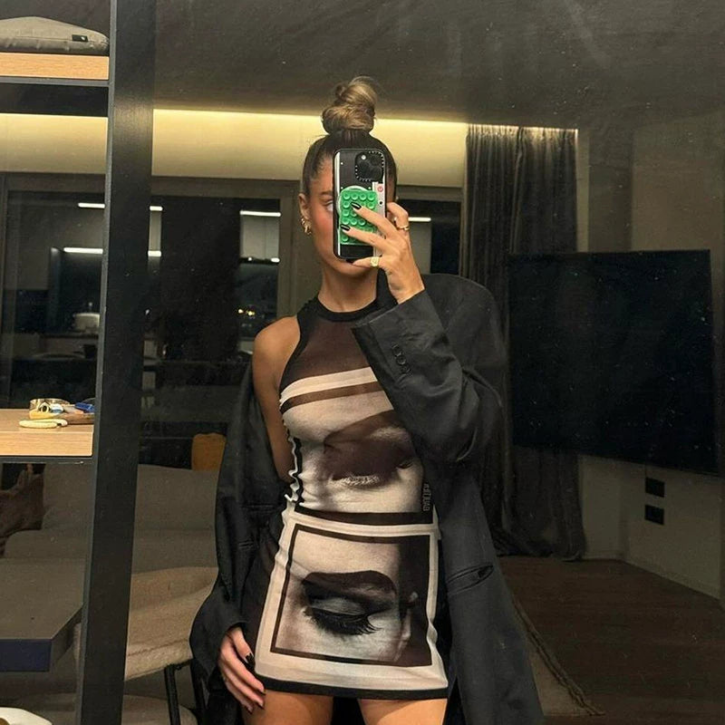 Flfiij | Personalized Street Print Sleeveless Dress for Women with Slimming Effect