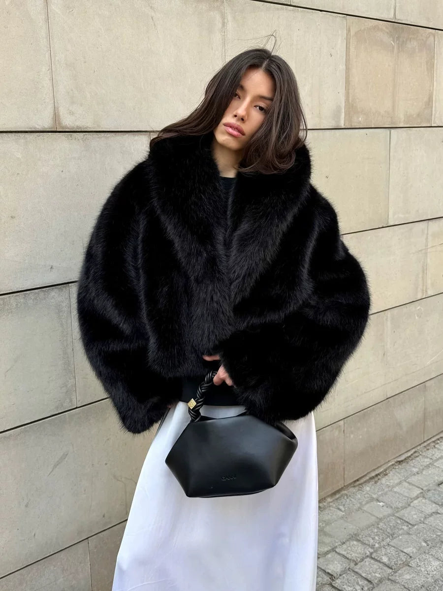 Flfiij | Eco-Friendly Fox Fur Lapel Coat – European and American Short Jacket for Women