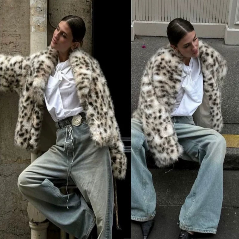 Flfiij | American Retro Leopard Print Fur All-In-One Jacket – Eco-Friendly Furry Hot Girl Coat