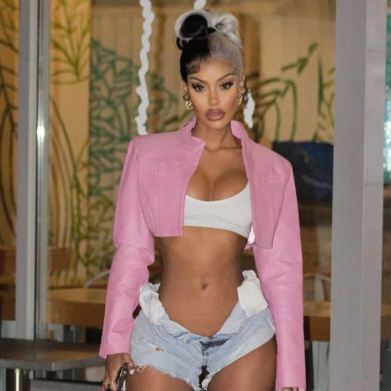 Flfiij | Sexy European & American Short Pink Motorcycle Jacket – Autumn Baseball Uniform Style for Women