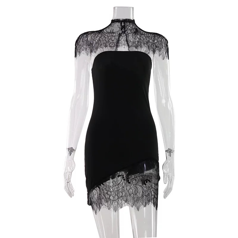 Flfiij | Elegant Black Slimming Women’s Dress, Lace Turtleneck Two-Piece Set