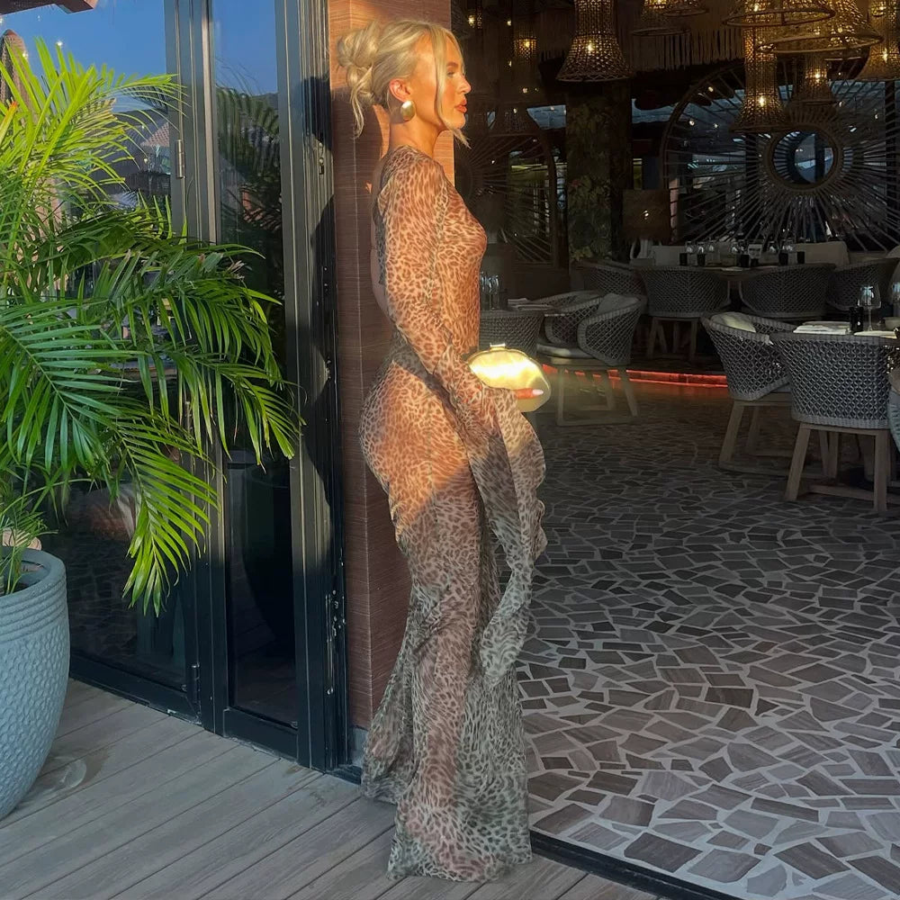 Flfiij | European & American Style Leopard Print See-Through Slanted Shoulder Dress – Sexy Long Sleeve Hottie Bikini Cover-Up Long Skirt for Women