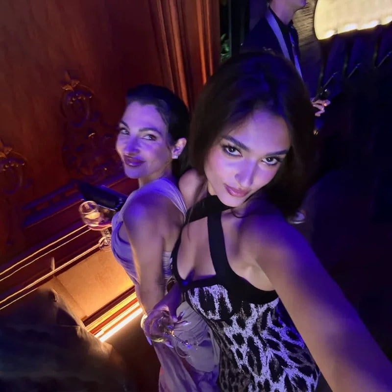 Flfiij | Sexy V-Neck Halterneck Leopard Print Dress with Figure-Flattering Long Skirt