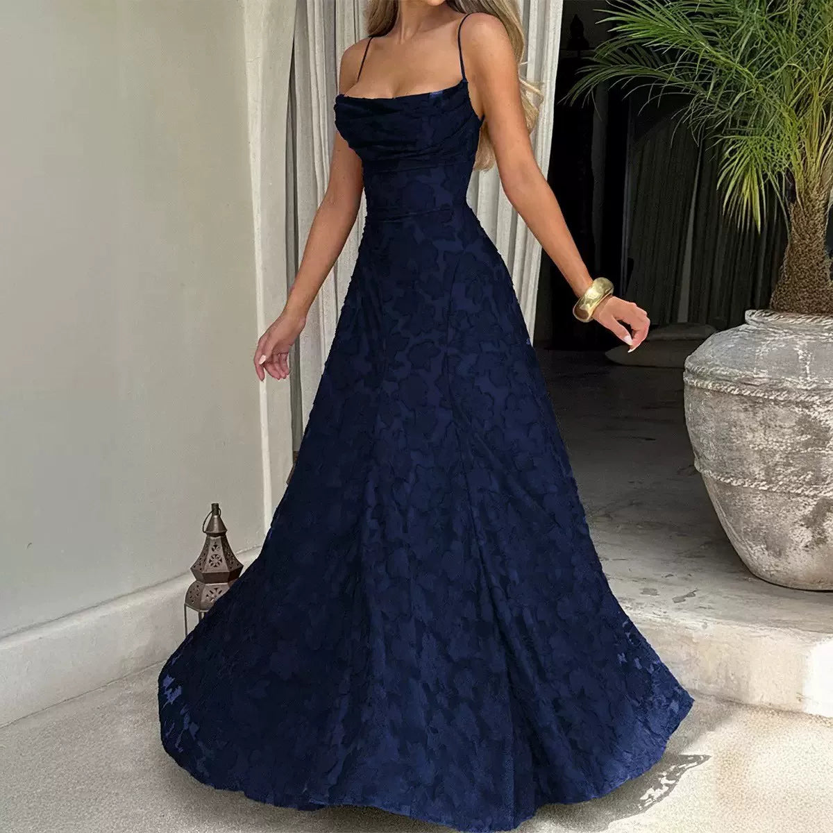 Flfiij | Sexy Jacquard Backless Floor-Length Dress for Women, Square Neck and Waist-Tightening Design