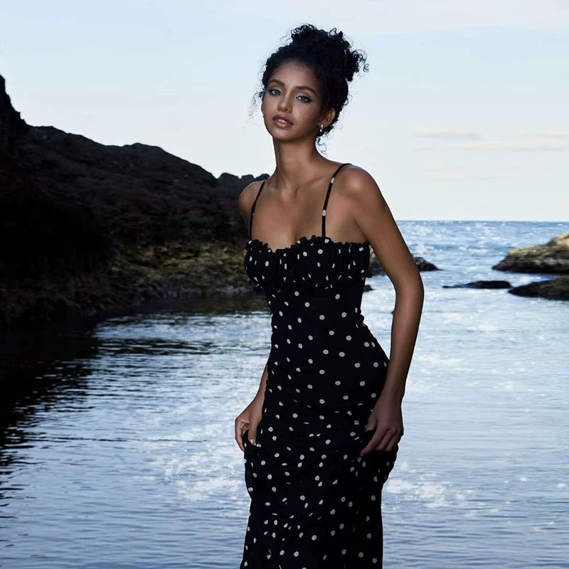 Flfiij | Sylcue Polka Dot Printed Suspender Dress – Waist Slimming & Sexy Long Skirt for Hot Girls