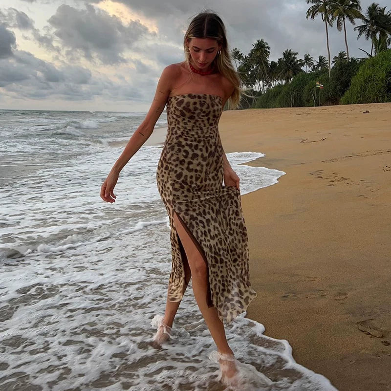 Flfiij | Beach Resort Style Leopard Print Tube Top Dress – 2024 Summer Hot Girl Slim Hip-Covering Slit Long Skirt