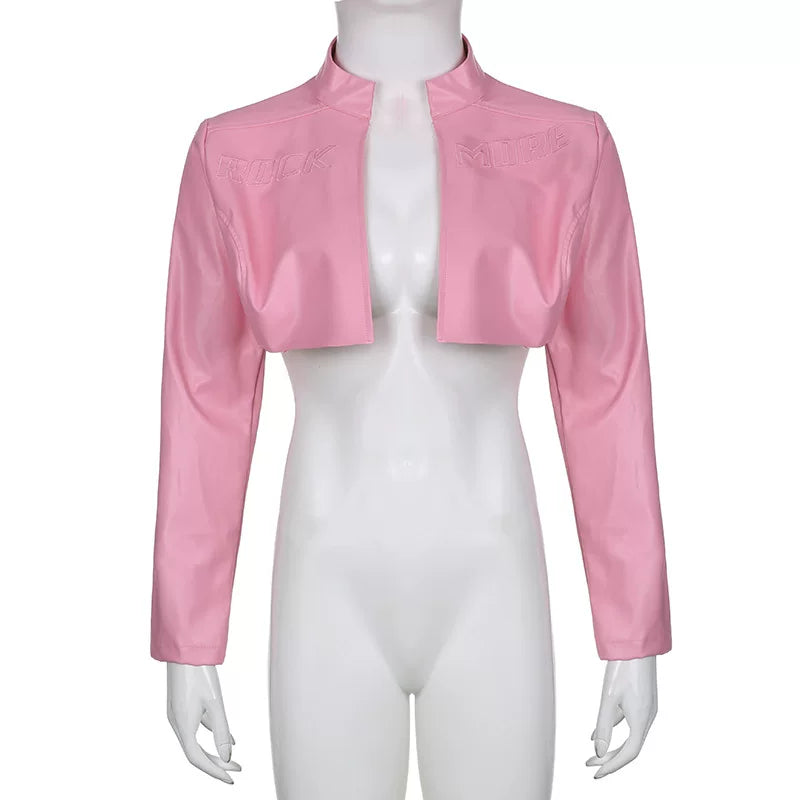 Flfiij | Sexy European & American Short Pink Motorcycle Jacket – Autumn Baseball Uniform Style for Women