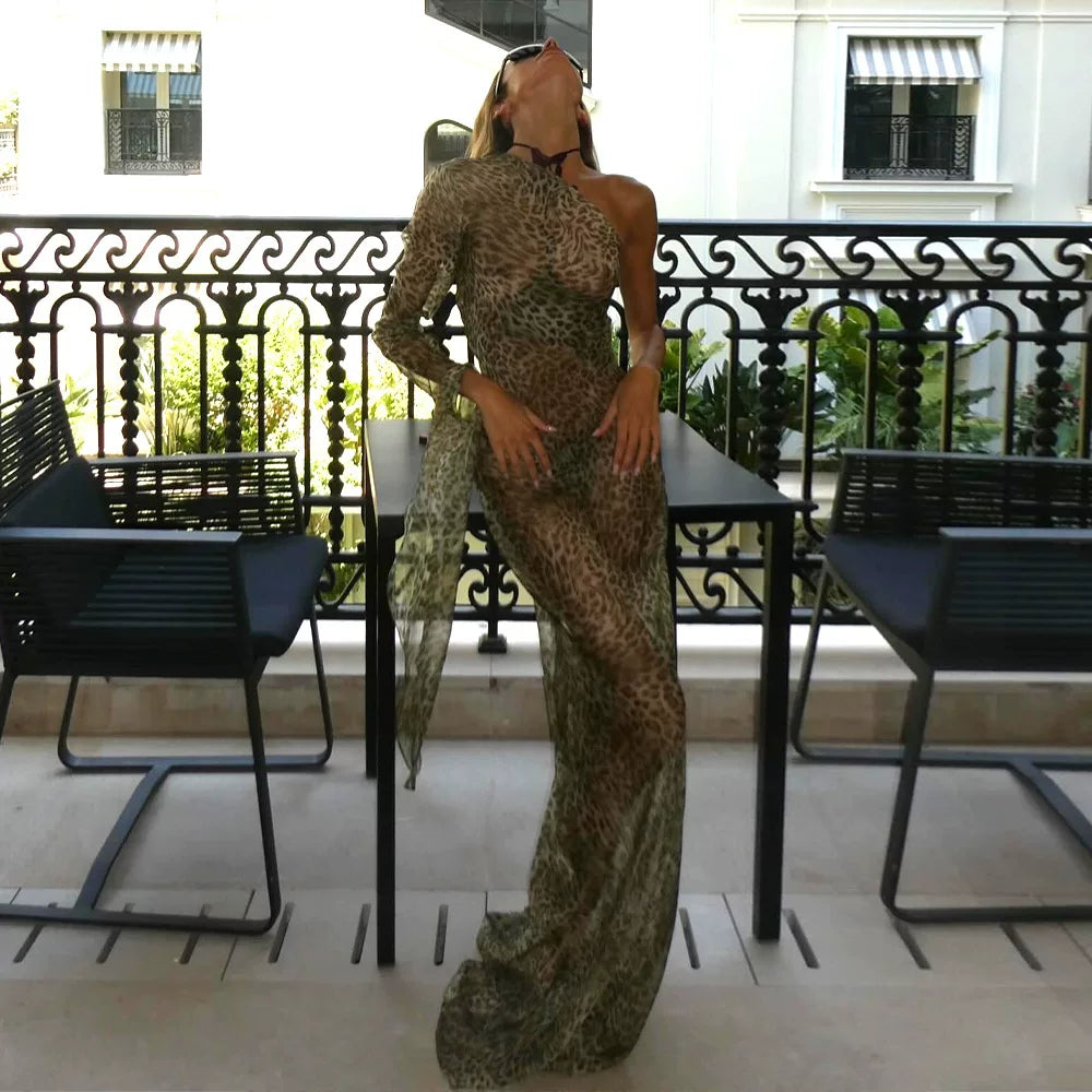 Flfiij | European & American Style Leopard Print See-Through Slanted Shoulder Dress – Sexy Long Sleeve Hottie Bikini Cover-Up Long Skirt for Women
