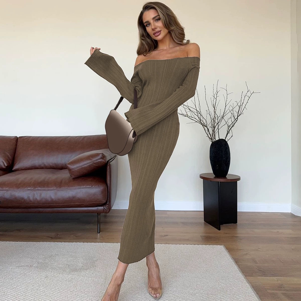 Flfiij | Gusty French Pure Desire One-Shoulder Tight Dress – Waist Slimming & Hip Skirt Long Skirt for Hot Girls