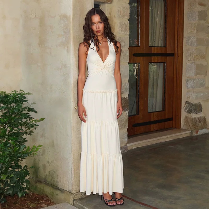 Flfiij | Sexy Halterneck Strappy Dress with Twisted V-Neck, Long Skirt for Summer Vacation