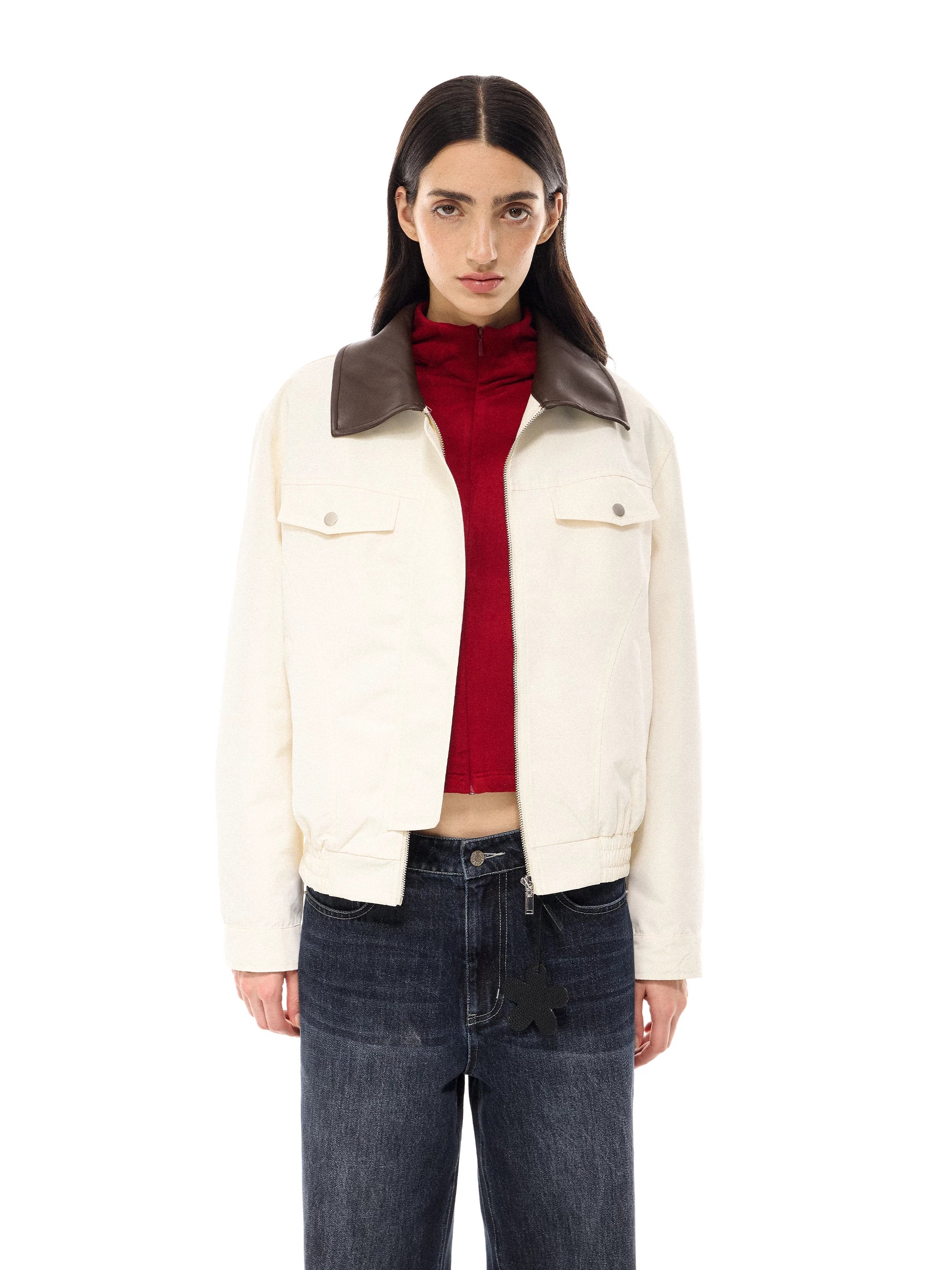 Flfiij | American Retro White Loose Contrast Leather Lapel Jacket for Women