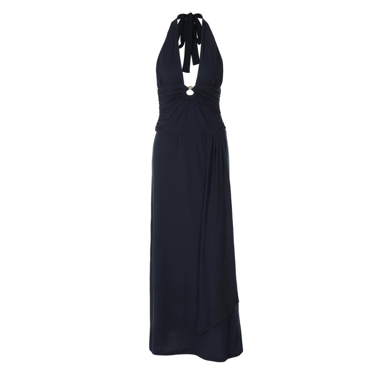 Flfiij | Shemoda European & American Style Deep V-Neck Backless Halterneck Dress – Pleated High-Waist Slimming Long Skirt for Women