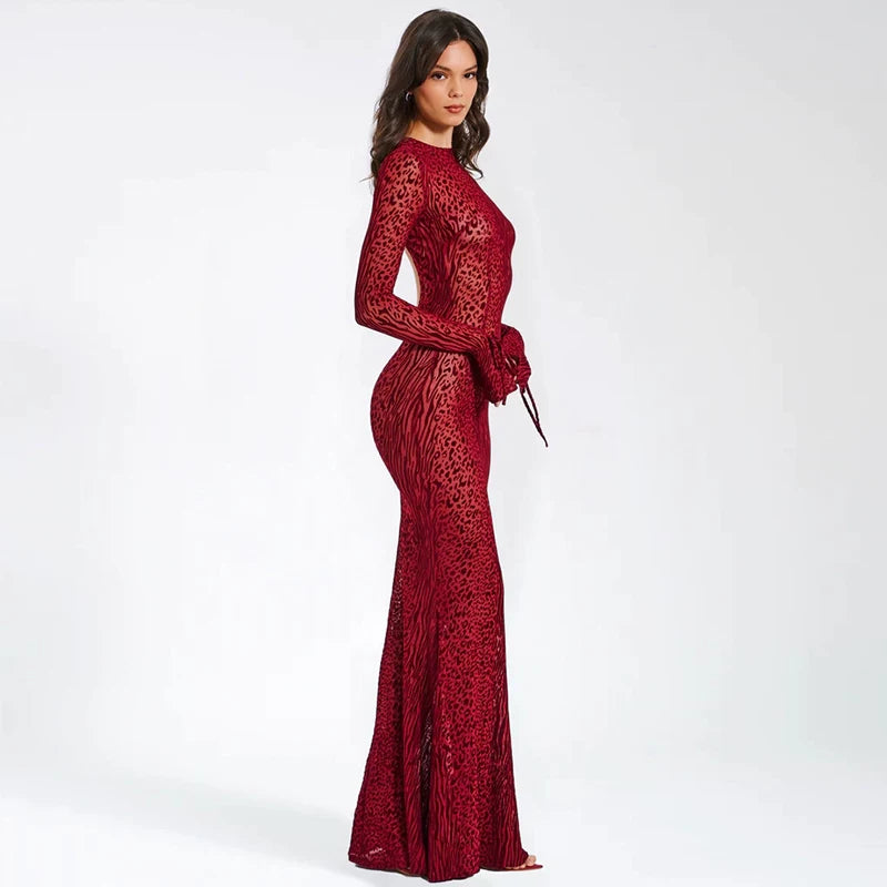 Flfiij | Sexy Leopard Print Mesh Fishtail Dress, See-Through Design for Spring and Summer