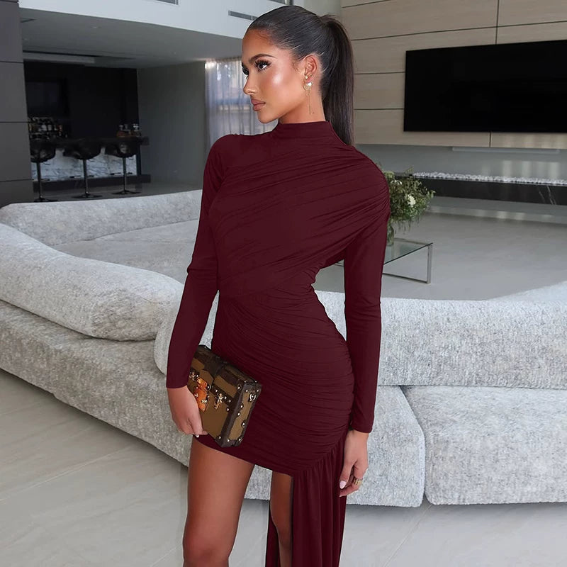Flfiij | High-End Royal Sister Style Oblique Shoulder Pleated Long-Sleeved Dress, Hip-Hugging Irregular Skirt  Description 1: