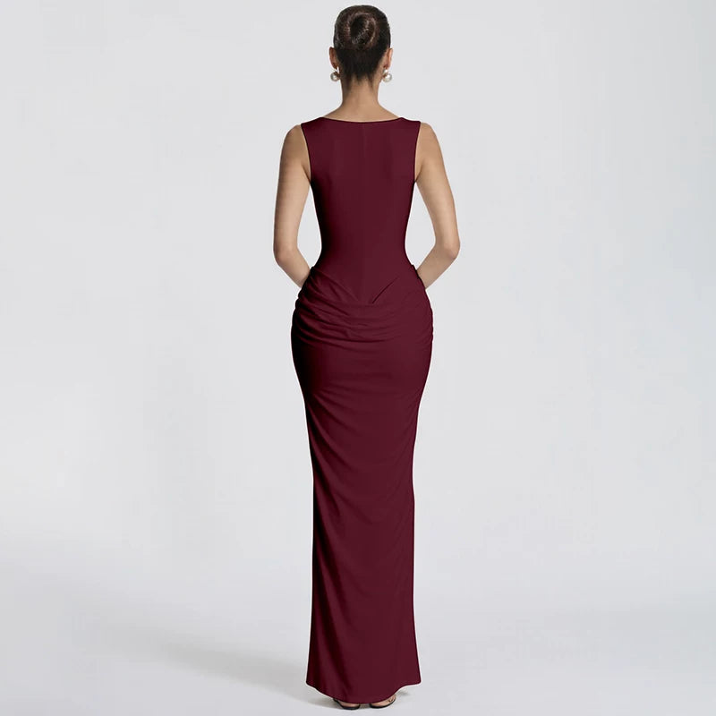 Flfiij | Elegant European and American Hot Girl Style Herringbone Waist Satin Hip-Covering Long Dress