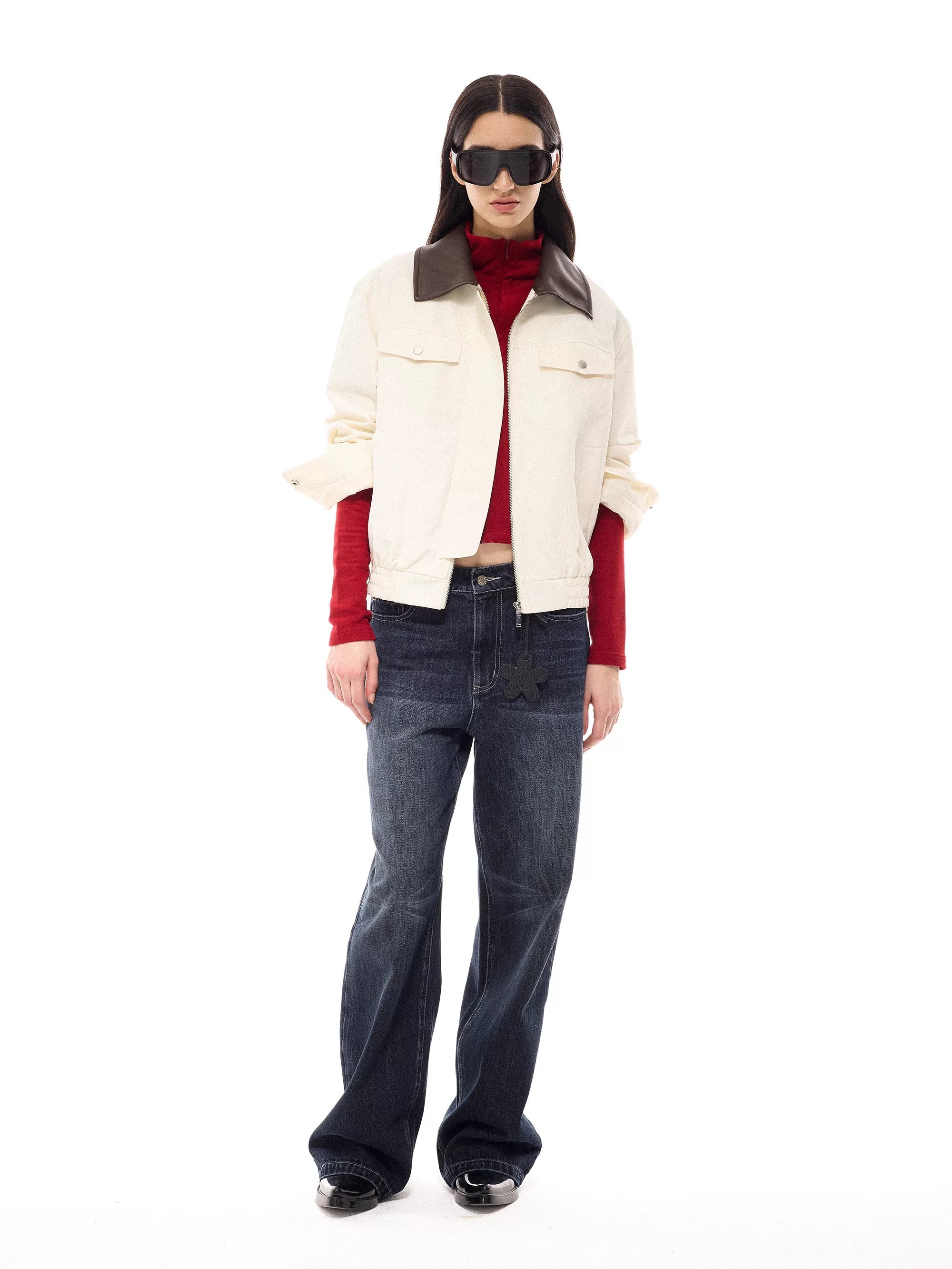 Flfiij | American Retro White Loose Contrast Leather Lapel Jacket for Women