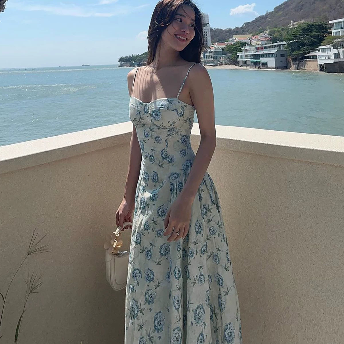 Flfiij | Shemoda European & American Style Floral Backless Suspender Dress – High Waist Splicing Slimming Knee-Length Long Skirt for Women