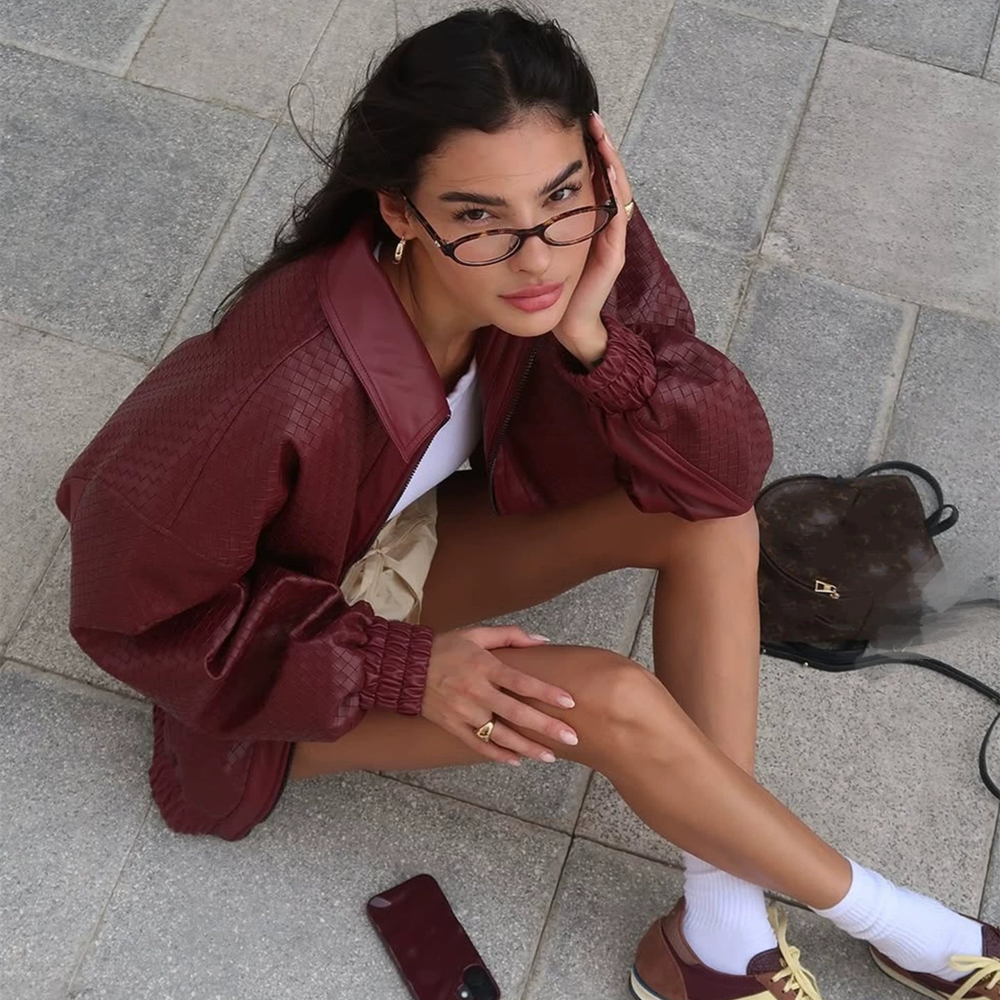 Flfiij | American Street Hot Girl Retro Woven PU Leather Jacket – Autumn/Winter Zipper Lapel Jacket for Women