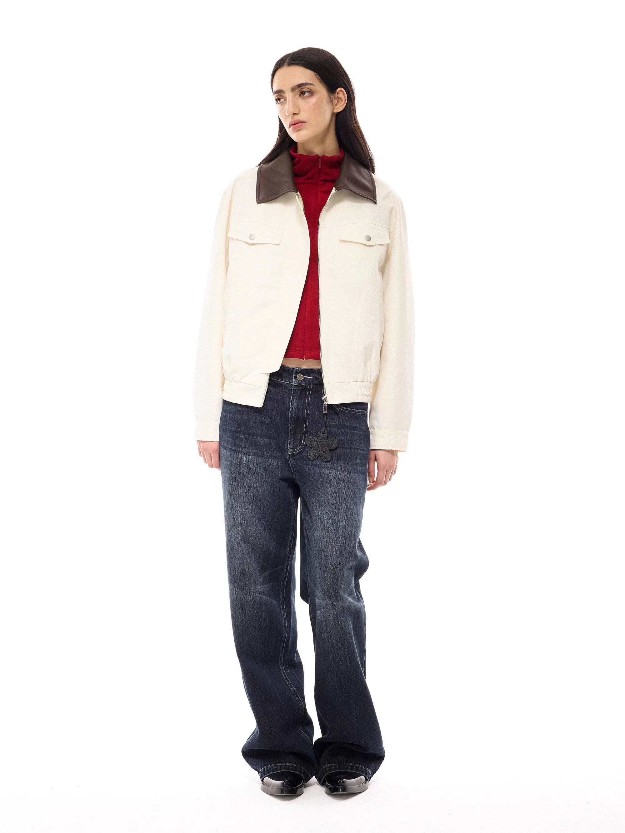 Flfiij | American Retro White Loose Contrast Leather Lapel Jacket for Women