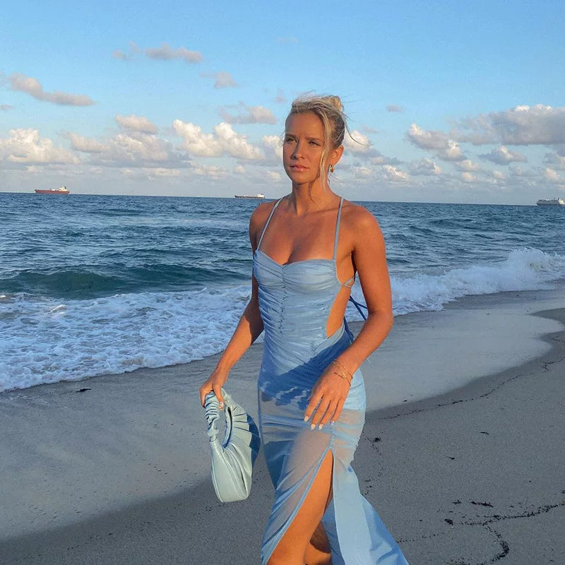 Flfiij | Beach Travel Blue & White Mesh Suspender Dress – Sexy Lace-Up Back & Slit Long Skirt for Hot Girls (Summer)