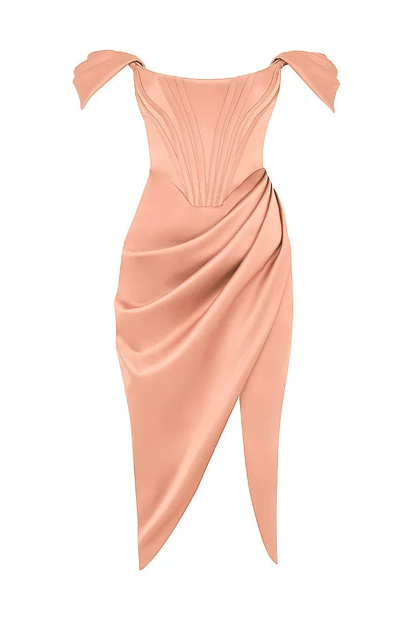 Flfiij | One-Shoulder Irregular High-Waisted Fishbone Tube Top Silk Party Dress – Birthday & Evening Wear