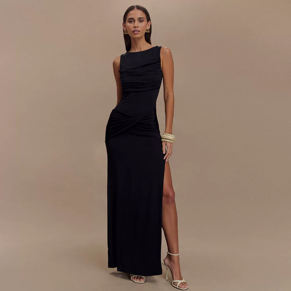 Flfiij | Sexy Backless Milk Silk Dress with One-Line Collar and High Slit